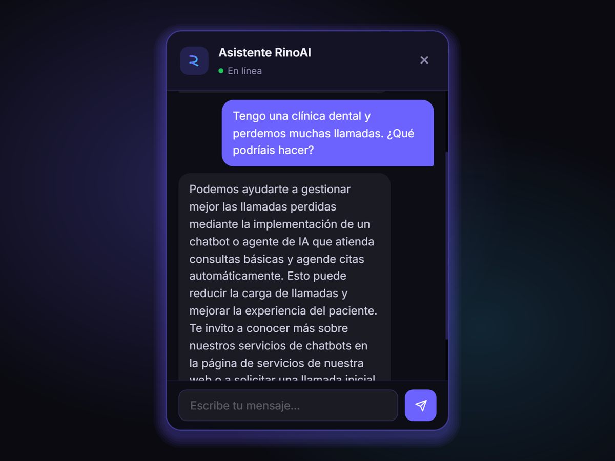 El asistente de IA de RinoAI respondiendo a una clínica dental que pierde llamadas